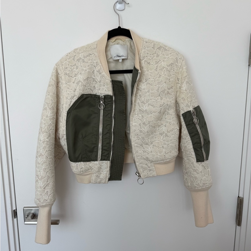 3.1 Phillip Lim Cream and Olive Lace Bomber Jacket